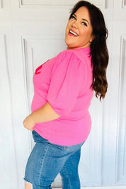 Take A Bow Pink "Mama" Embroidery Puff Sleeve Sweater Top | Daverri Fashions