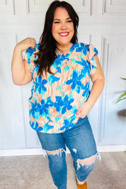 Tropical Breeze Turquoise Floral Banded V Neck Flutter Sleeve Top | Daverri Fashions