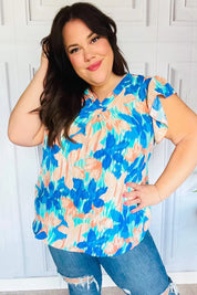 Tropical Breeze Turquoise Floral Banded V Neck Flutter Sleeve Top | Daverri Fashions