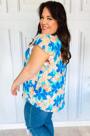 Tropical Breeze Turquoise Floral Banded V Neck Flutter Sleeve Top | Daverri Fashions