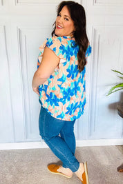 Tropical Breeze Turquoise Floral Banded V Neck Flutter Sleeve Top | Daverri Fashions