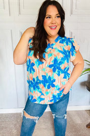 Tropical Breeze Turquoise Floral Banded V Neck Flutter Sleeve Top | Daverri Fashions