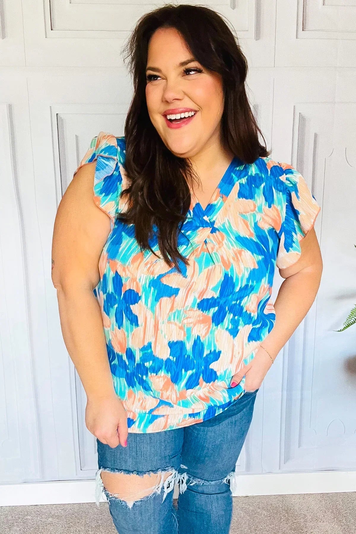Tropical Breeze Turquoise Floral Banded V Neck Flutter Sleeve Top | Daverri Fashions
