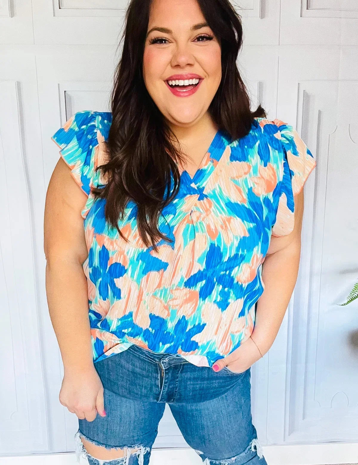 Tropical Breeze Turquoise Floral Banded V Neck Flutter Sleeve Top | Daverri Fashions