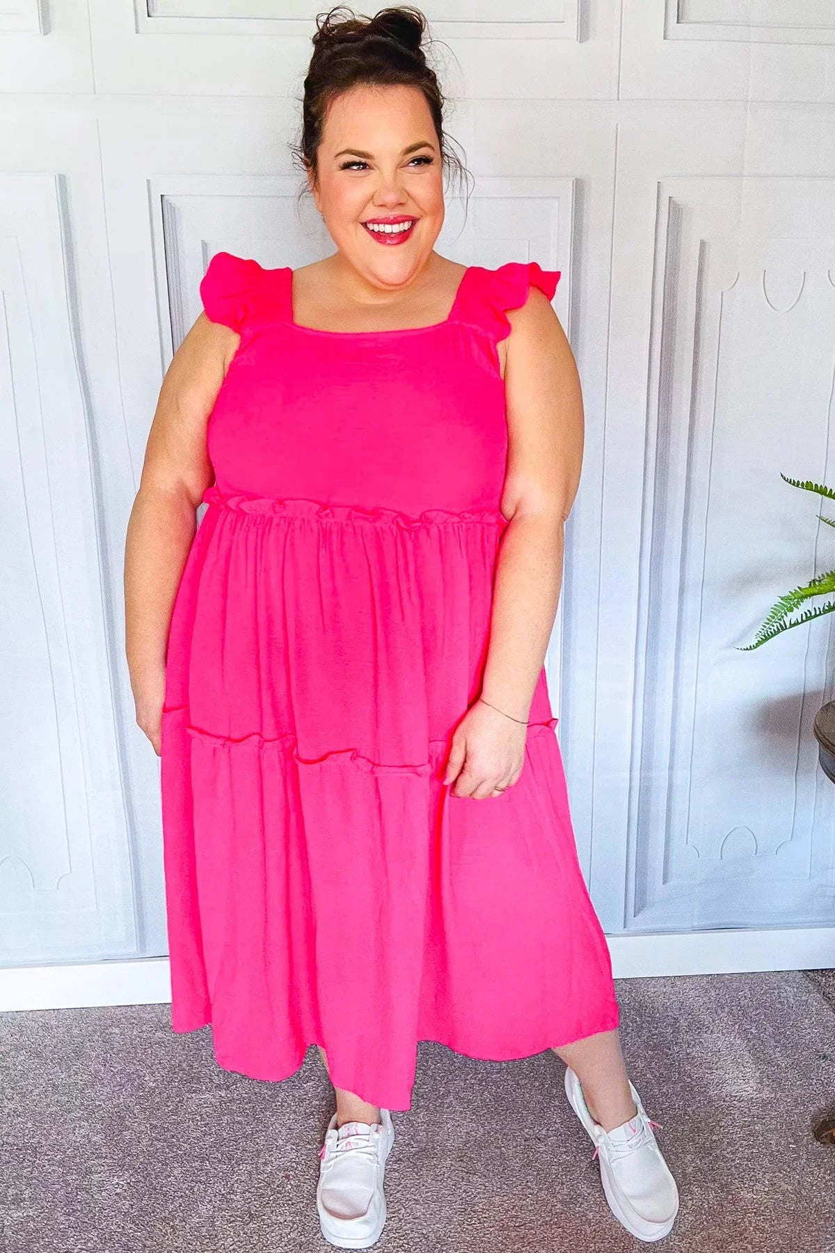 Lots To Love Fuchsia Smocked Flutter Sleeve Tiered Midi Dress | Daverri Fashions
