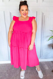 Lots To Love Fuchsia Smocked Flutter Sleeve Tiered Midi Dress | Daverri Fashions