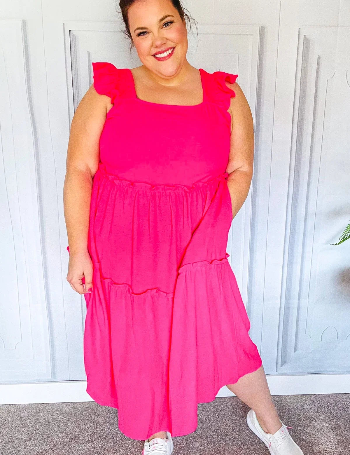 Lots To Love Fuchsia Smocked Flutter Sleeve Tiered Midi Dress | Daverri Fashions