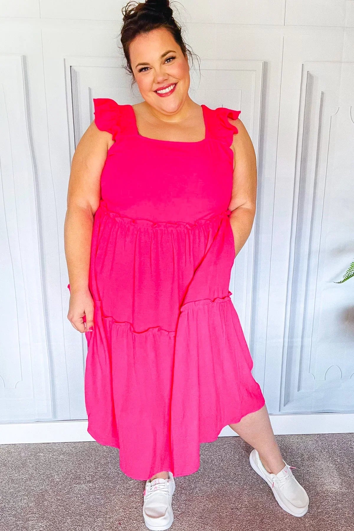 Lots To Love Fuchsia Smocked Flutter Sleeve Tiered Midi Dress | Daverri Fashions