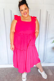 Lots To Love Fuchsia Smocked Flutter Sleeve Tiered Midi Dress | Daverri Fashions