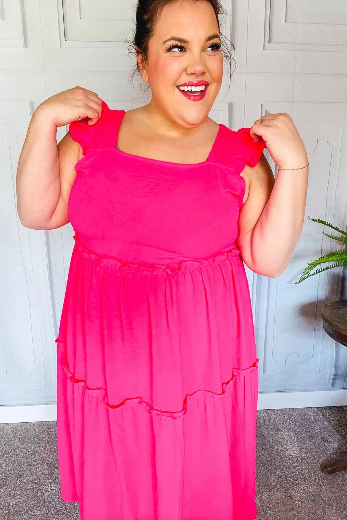 Lots To Love Fuchsia Smocked Flutter Sleeve Tiered Midi Dress | Daverri Fashions