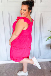 Lots To Love Fuchsia Smocked Flutter Sleeve Tiered Midi Dress | Daverri Fashions