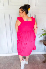 Lots To Love Fuchsia Smocked Flutter Sleeve Tiered Midi Dress | Daverri Fashions