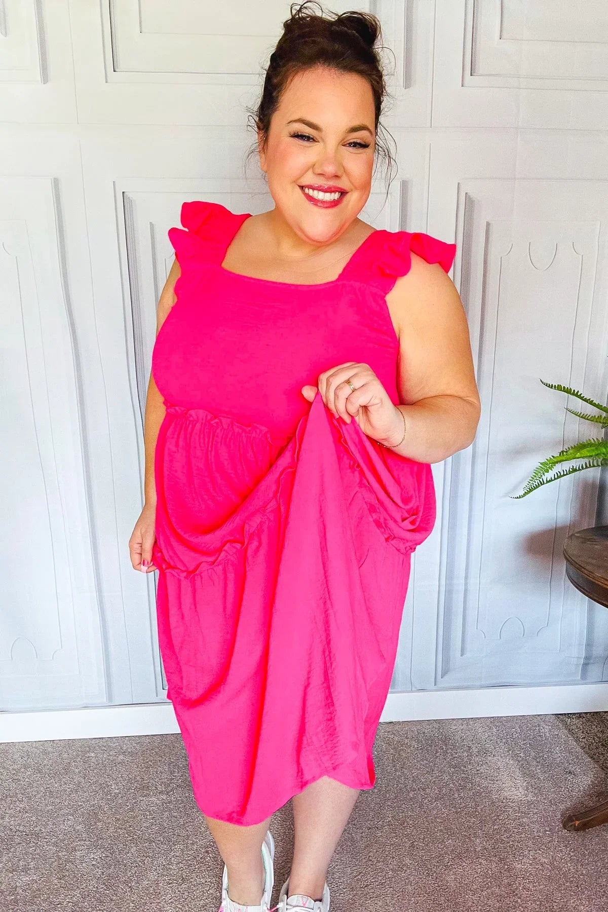 Lots To Love Fuchsia Smocked Flutter Sleeve Tiered Midi Dress | Daverri Fashions