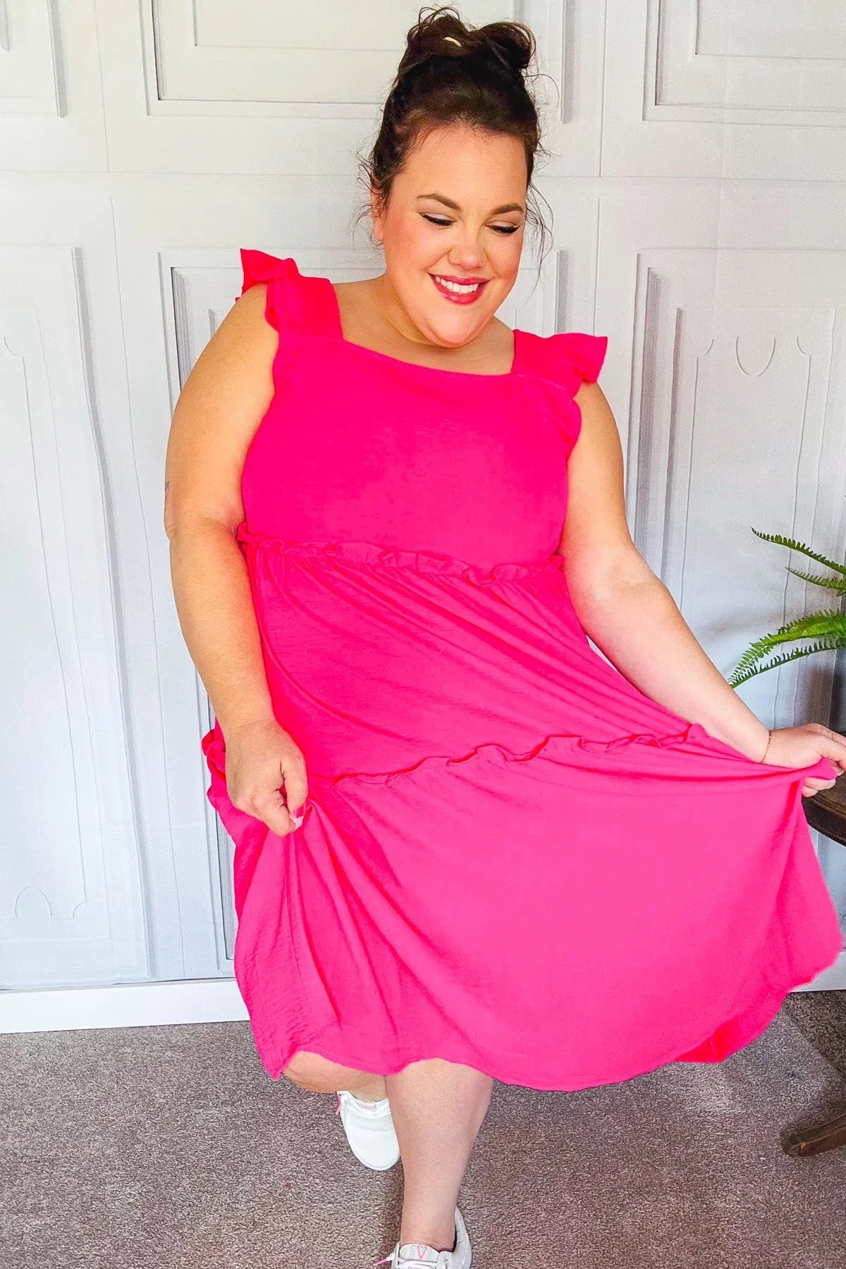 Lots To Love Fuchsia Smocked Flutter Sleeve Tiered Midi Dress | Daverri Fashions