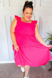 Lots To Love Fuchsia Smocked Flutter Sleeve Tiered Midi Dress | Daverri Fashions