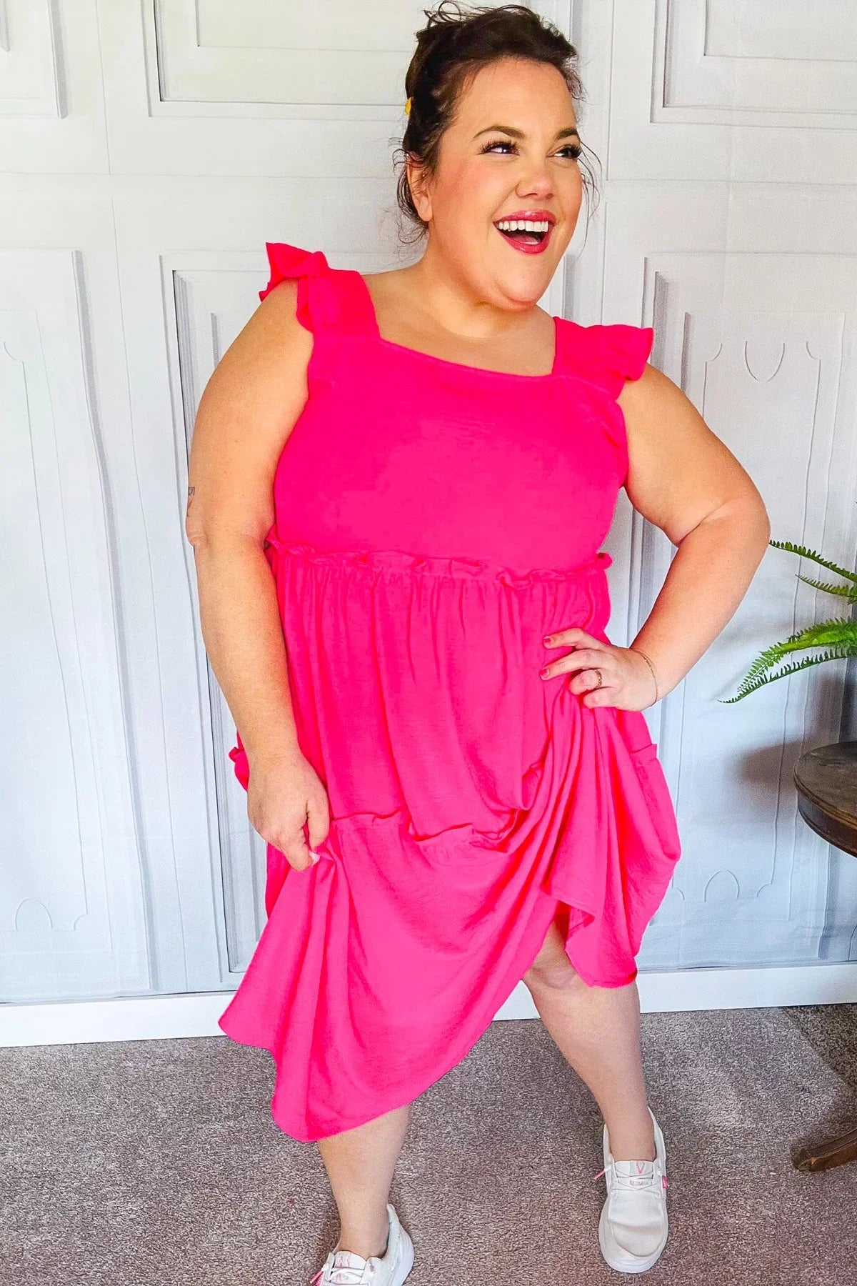 Lots To Love Fuchsia Smocked Flutter Sleeve Tiered Midi Dress | Daverri Fashions