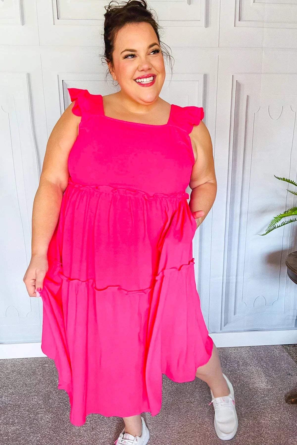 Lots To Love Fuchsia Smocked Flutter Sleeve Tiered Midi Dress | Daverri Fashions