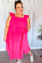 Lots To Love Fuchsia Smocked Flutter Sleeve Tiered Midi Dress | Daverri Fashions
