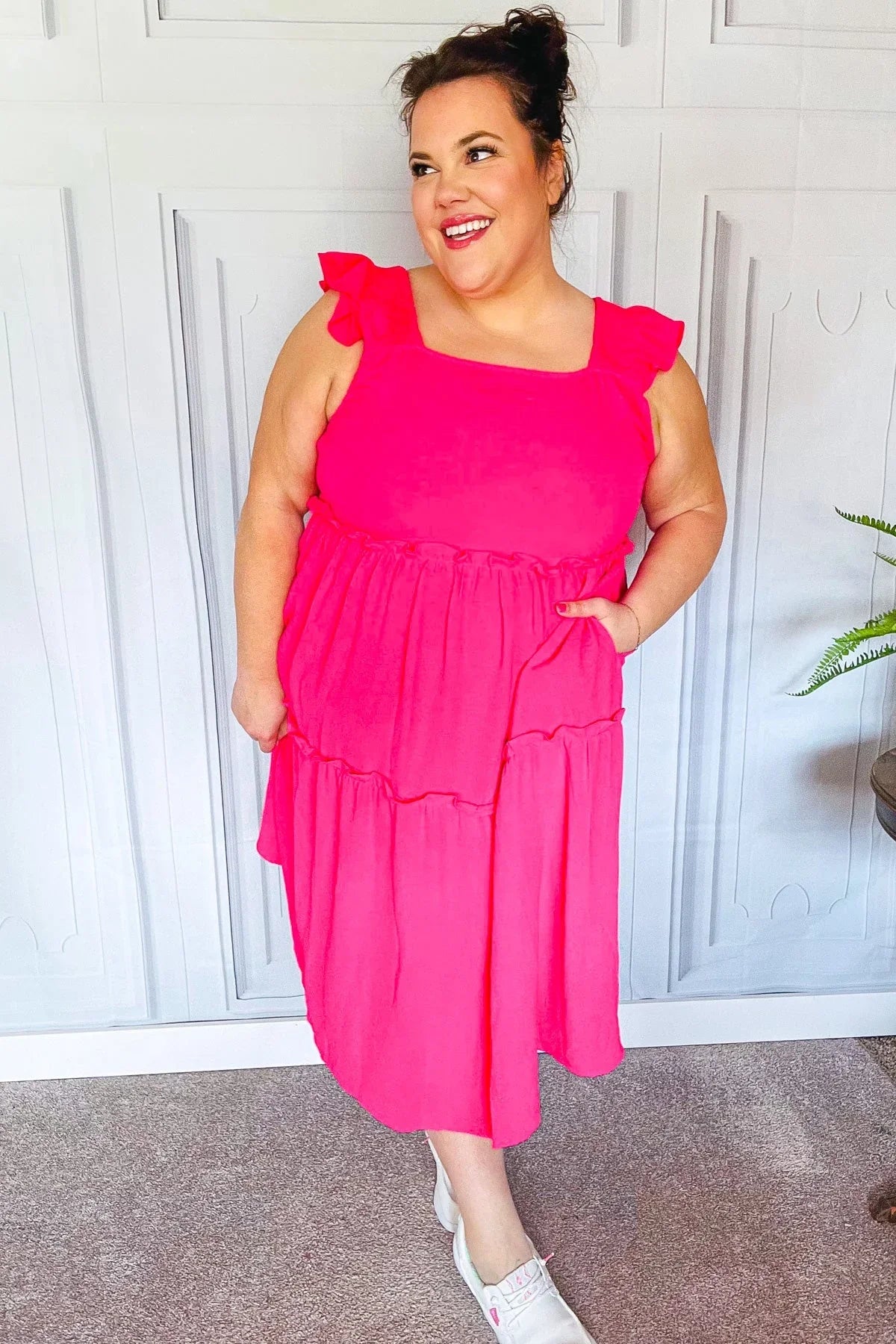 Lots To Love Fuchsia Smocked Flutter Sleeve Tiered Midi Dress | Daverri Fashions
