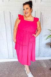 Lots To Love Fuchsia Smocked Flutter Sleeve Tiered Midi Dress | Daverri Fashions