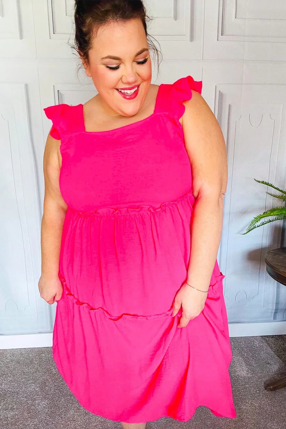 Lots To Love Fuchsia Smocked Flutter Sleeve Tiered Midi Dress | Daverri Fashions