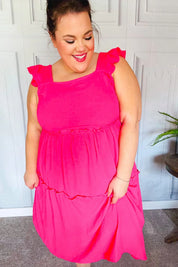 Lots To Love Fuchsia Smocked Flutter Sleeve Tiered Midi Dress | Daverri Fashions
