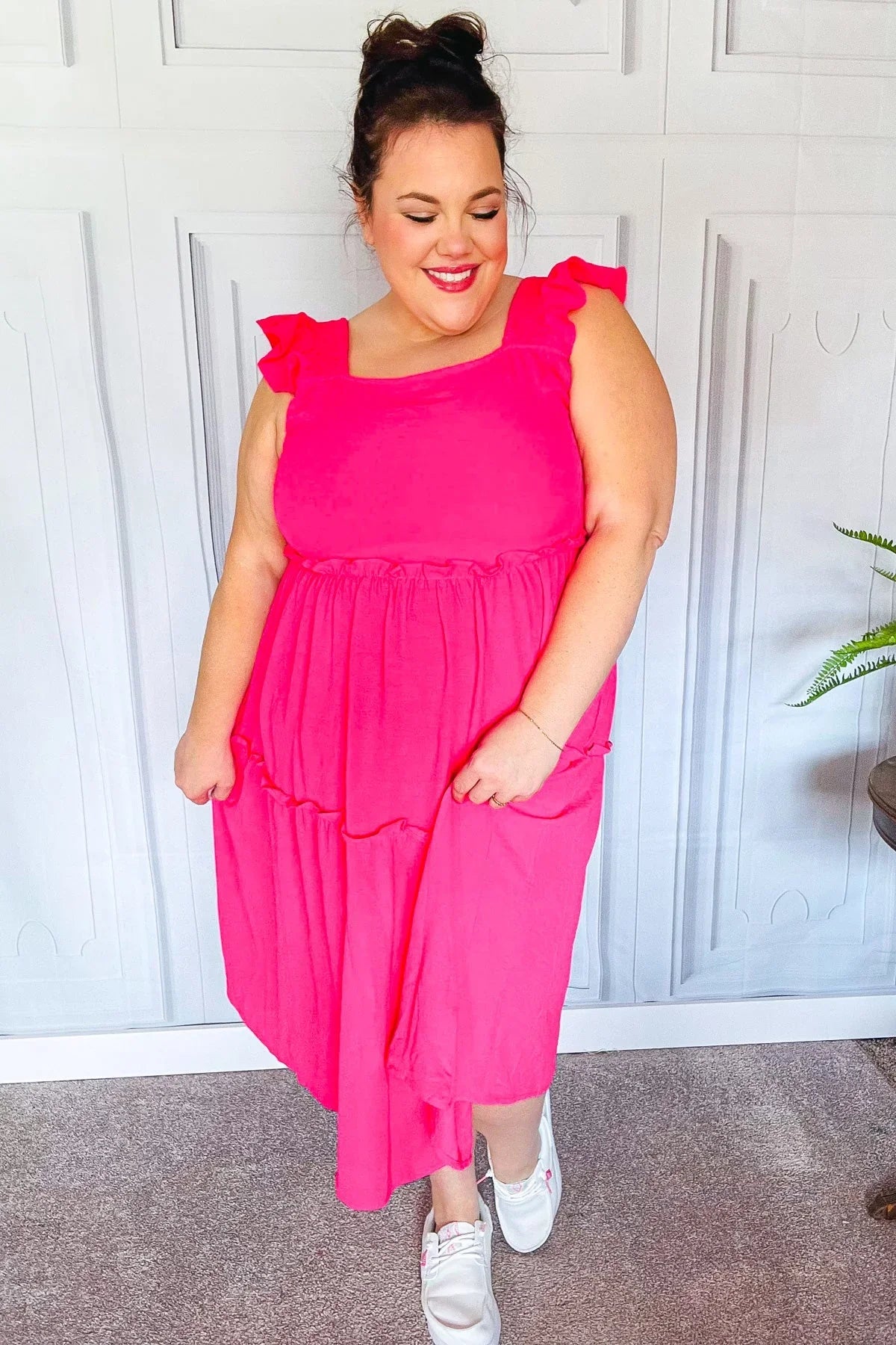 Lots To Love Fuchsia Smocked Flutter Sleeve Tiered Midi Dress | Daverri Fashions