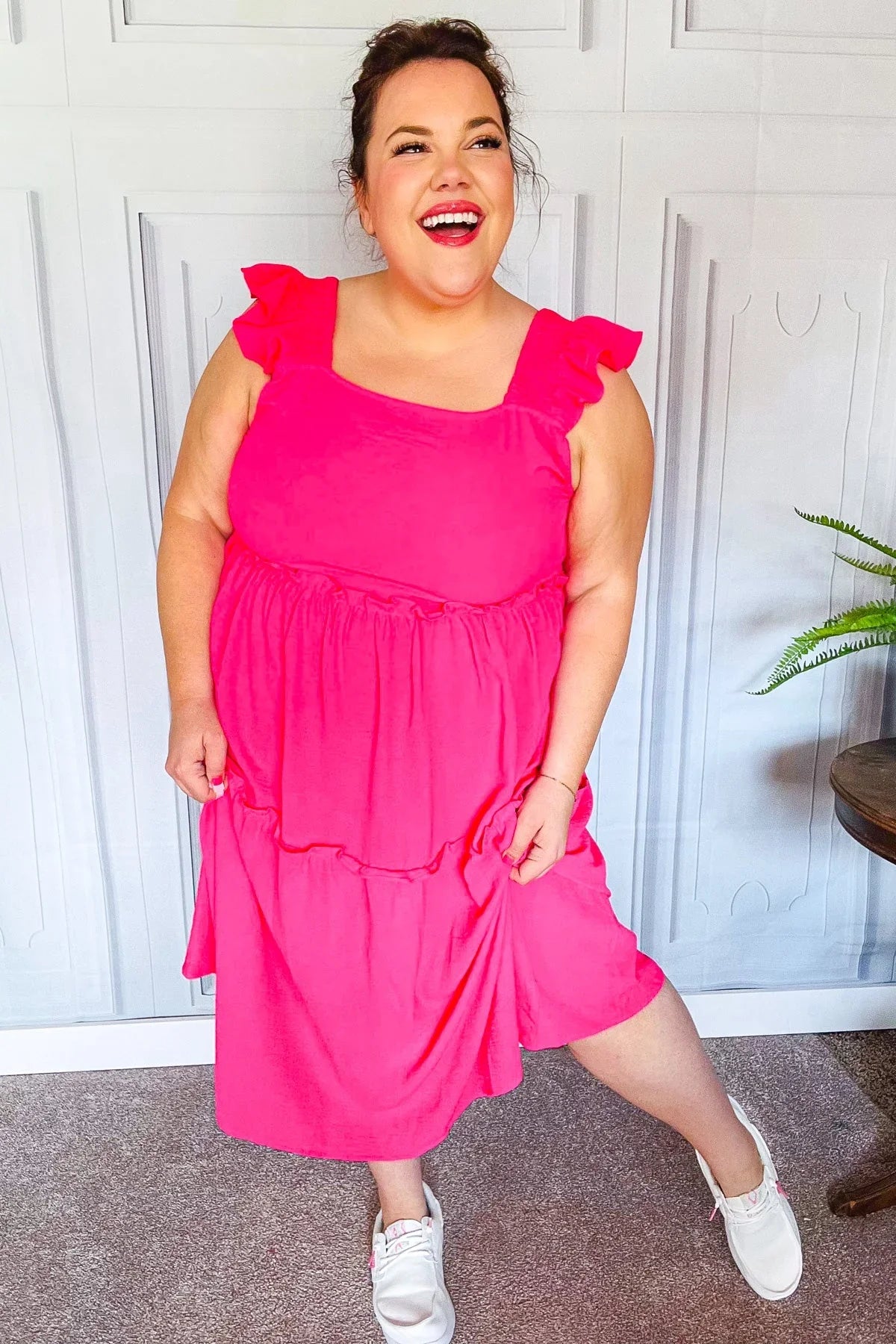 Lots To Love Fuchsia Smocked Flutter Sleeve Tiered Midi Dress | Daverri Fashions