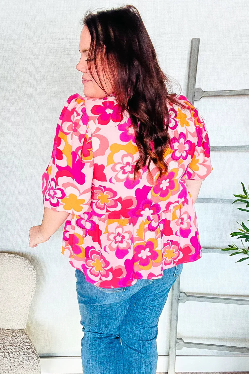 Find Love Pink/Yellow Floral Frill Balloon Short Sleeve Top | Daverri Fashions