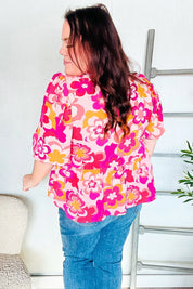 Find Love Pink/Yellow Floral Frill Balloon Short Sleeve Top | Daverri Fashions