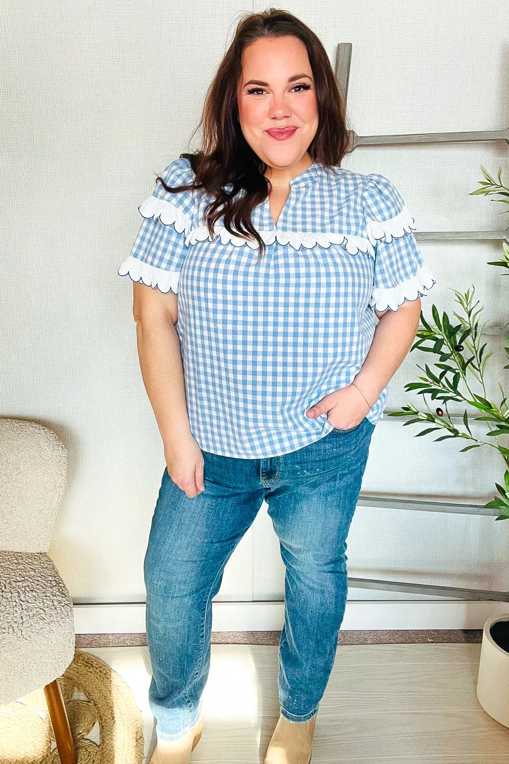 Lost In Love Cotton Blue Gingham Shirred Mock Neck Top | Daverri Fashions