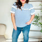 Lost In Love Cotton Blue Gingham Shirred Mock Neck Top - DAVERRI FASHIONS