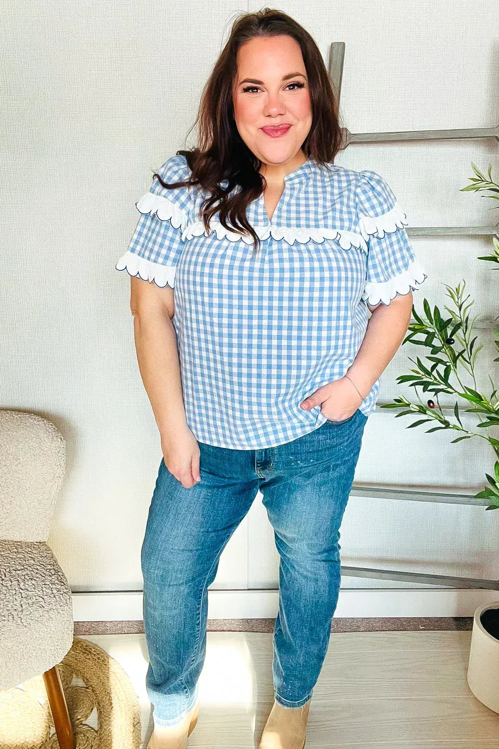 Lost In Love Cotton Blue Gingham Shirred Mock Neck Top - DAVERRI FASHIONS