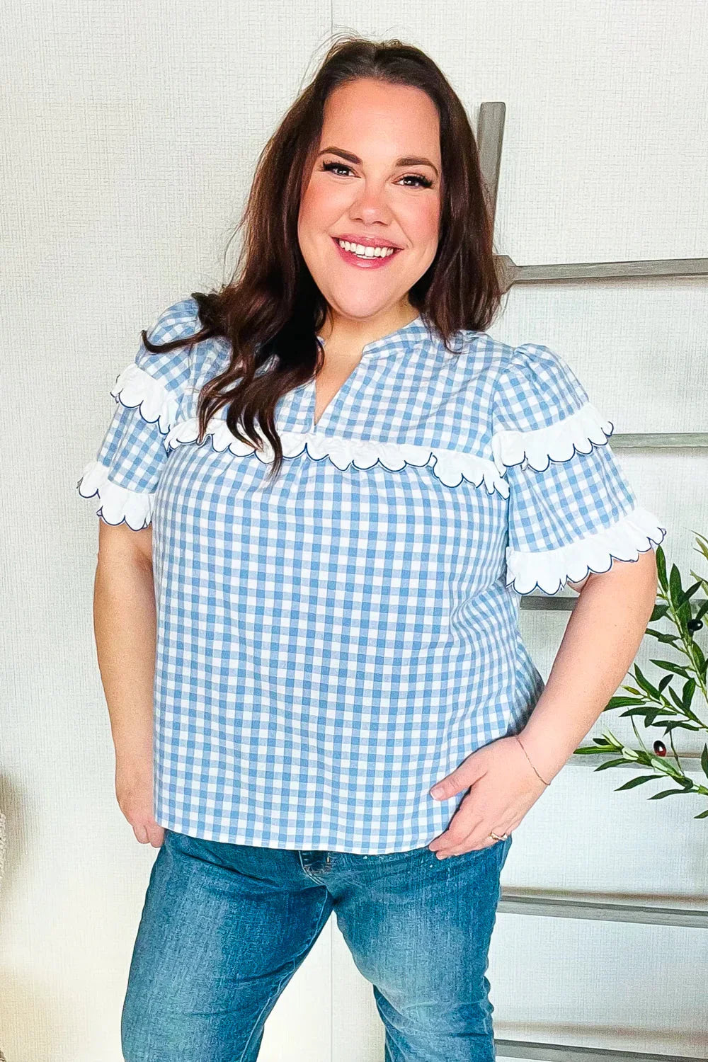 Lost In Love Cotton Blue Gingham Shirred Mock Neck Top | Daverri Fashions