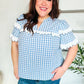 Lost In Love Cotton Blue Gingham Shirred Mock Neck Top - DAVERRI FASHIONS