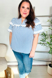 Lost In Love Cotton Blue Gingham Shirred Mock Neck Top | Daverri Fashions