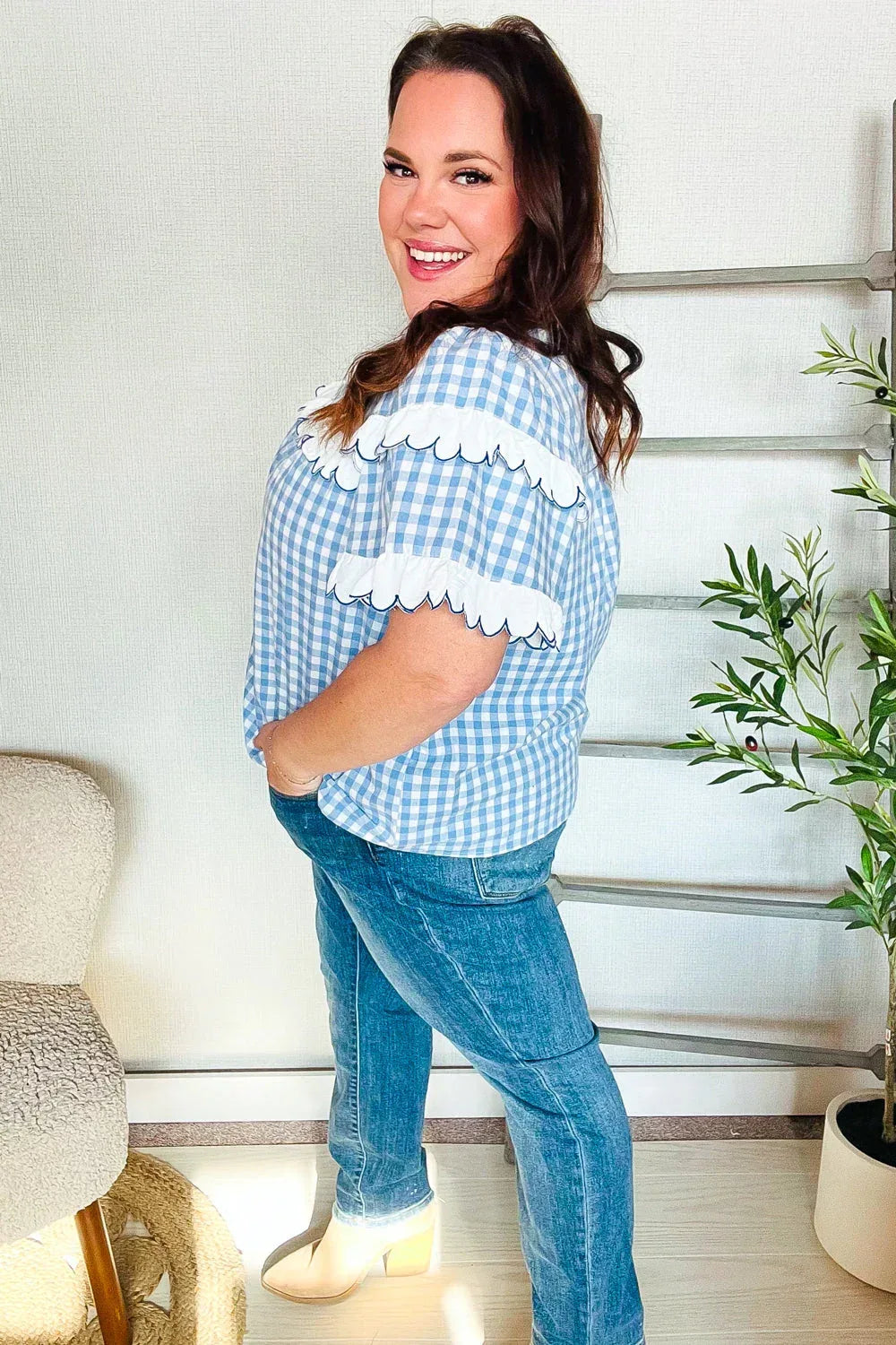 Lost In Love Cotton Blue Gingham Shirred Mock Neck Top - DAVERRI FASHIONS