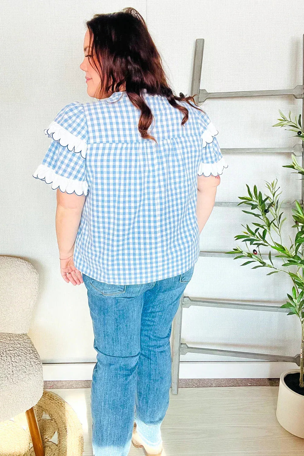 Lost In Love Cotton Blue Gingham Shirred Mock Neck Top - DAVERRI FASHIONS