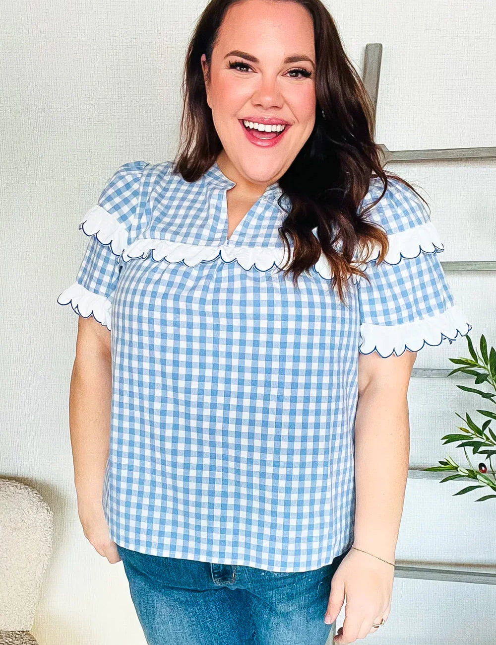 Lost In Love Cotton Blue Gingham Shirred Mock Neck Top | Daverri Fashions