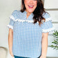 Lost In Love Cotton Blue Gingham Shirred Mock Neck Top - DAVERRI FASHIONS