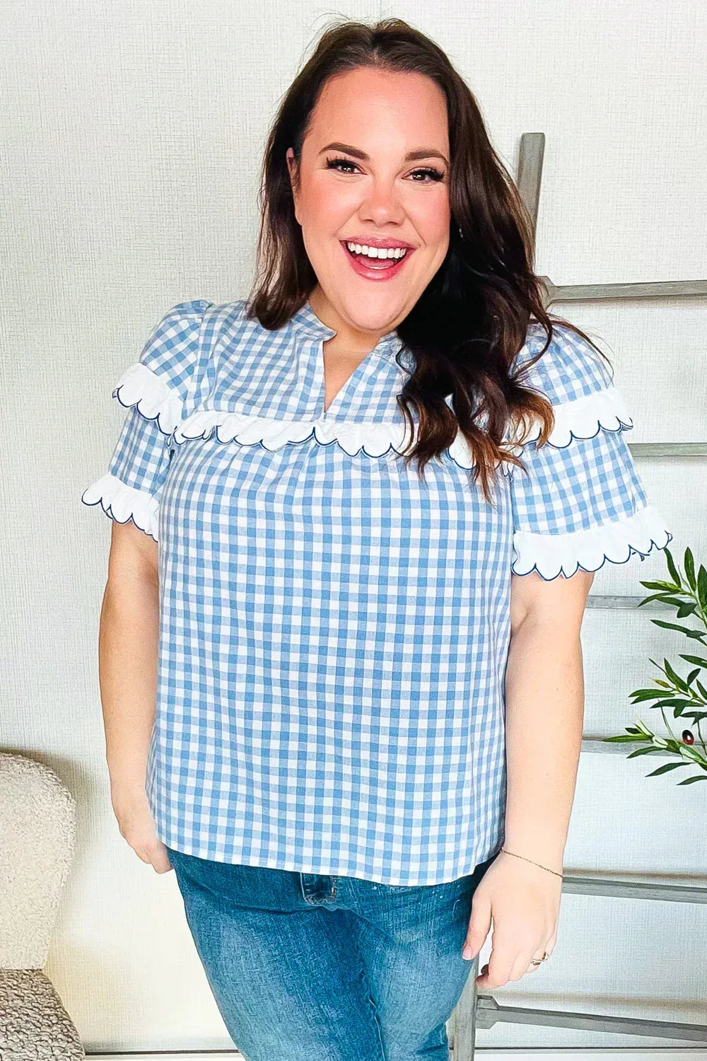 Lost In Love Cotton Blue Gingham Shirred Mock Neck Top - DAVERRI FASHIONS