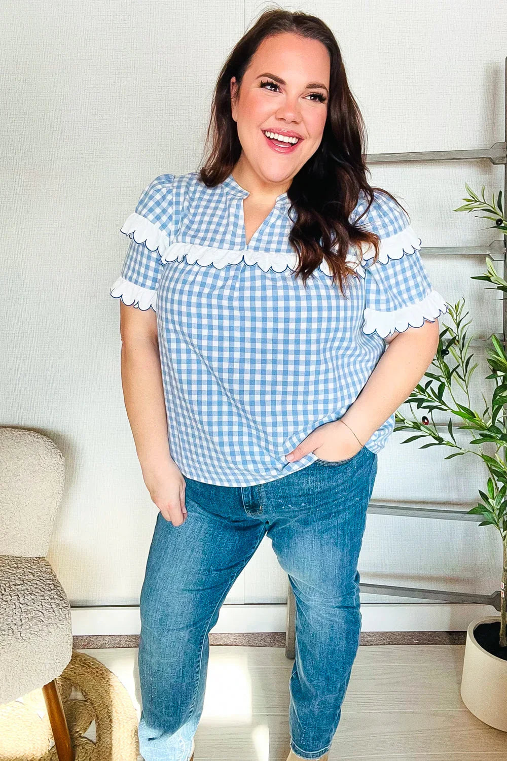 Lost In Love Cotton Blue Gingham Shirred Mock Neck Top | Daverri Fashions