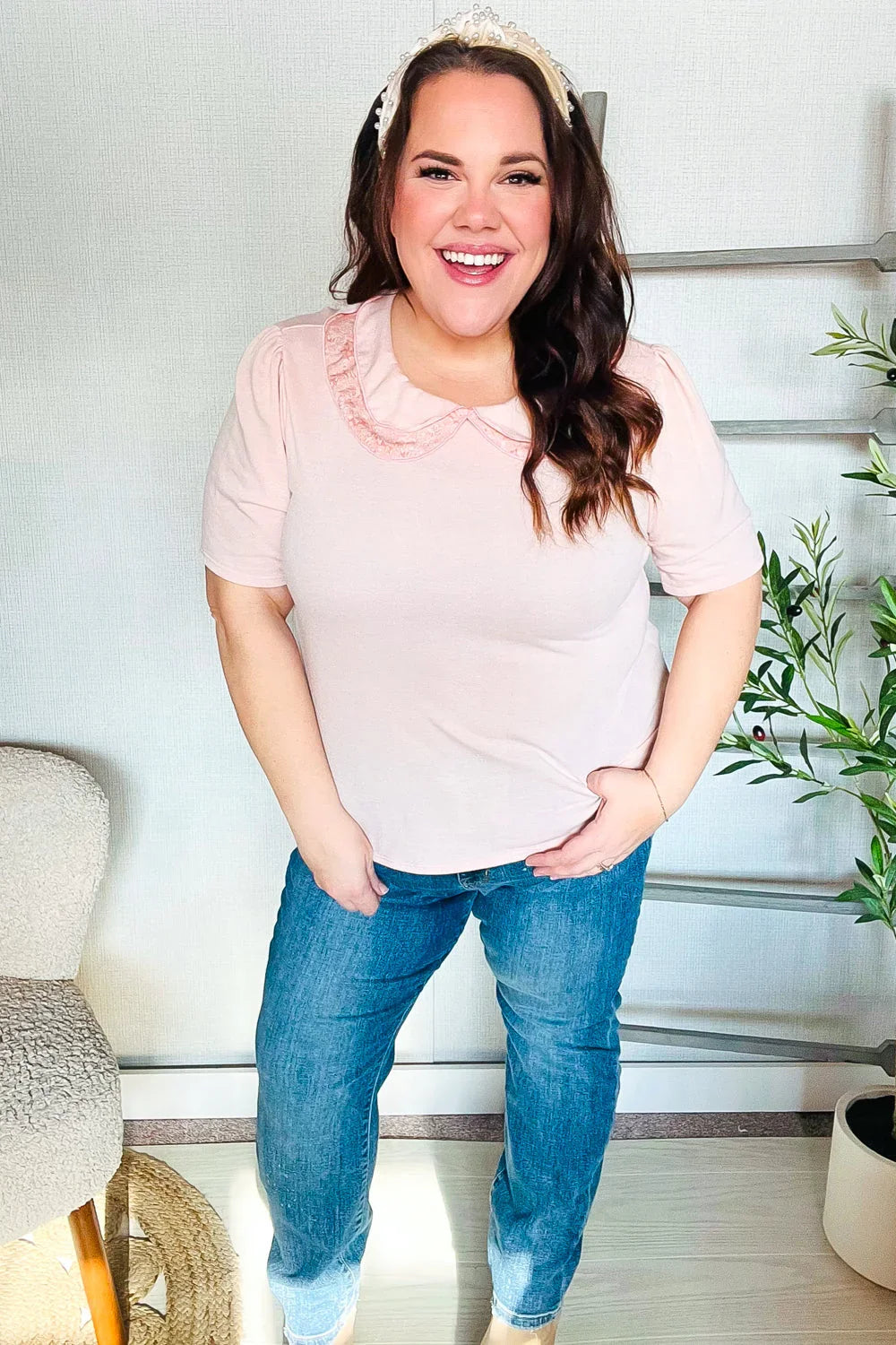 New Day Blush Flat Collar Floral French Terry Blouse | Daverri Fashions