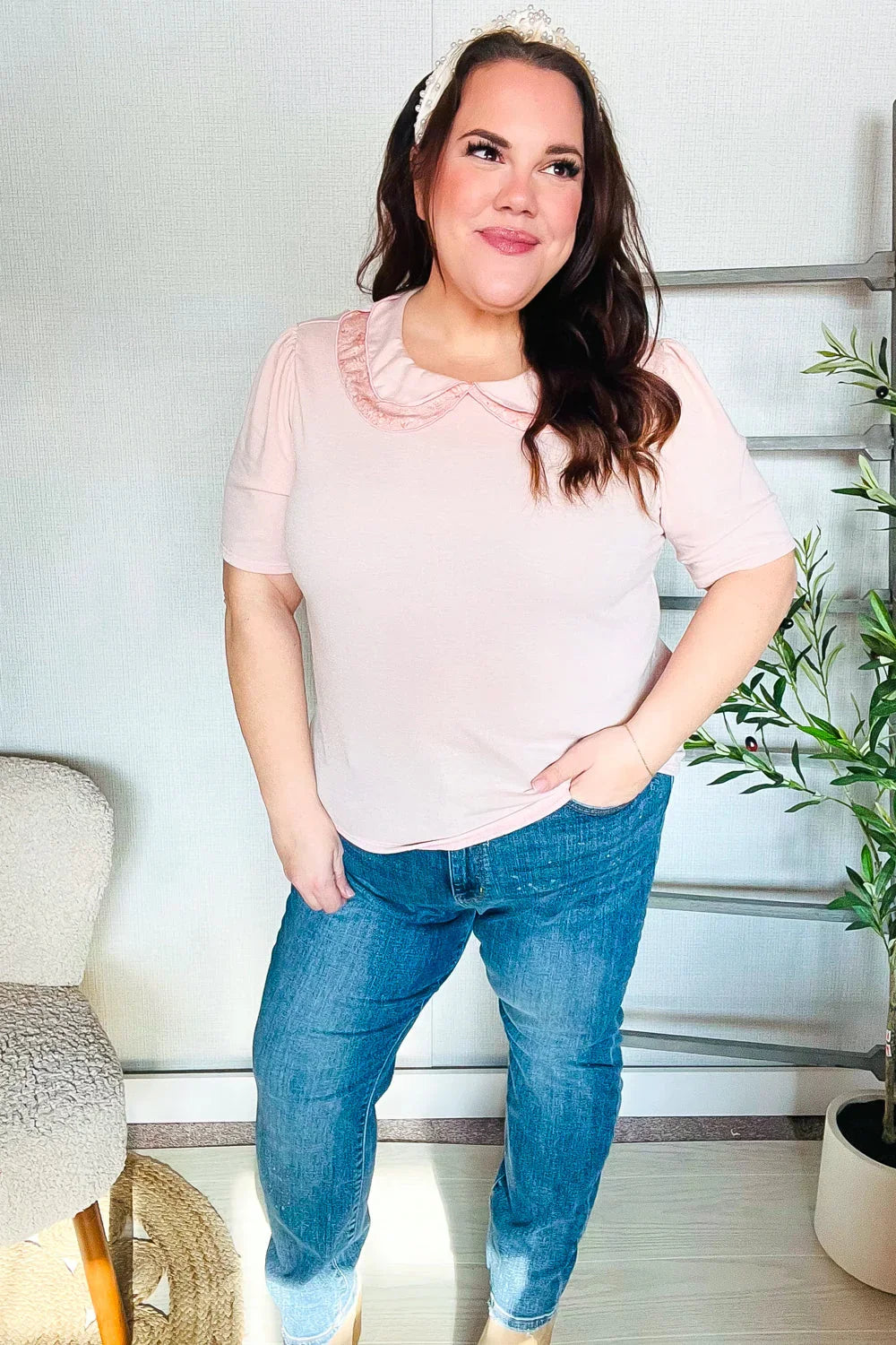 New Day Blush Flat Collar Floral French Terry Blouse | Daverri Fashions