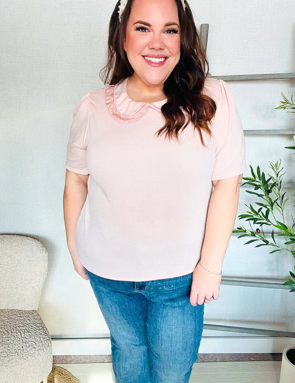 New Day Blush Flat Collar Floral French Terry Blouse | Daverri Fashions