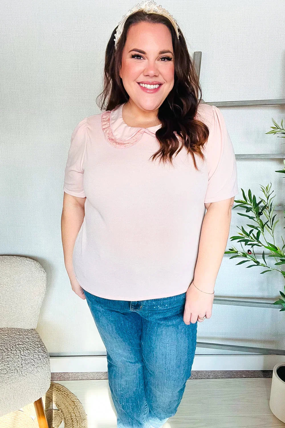 New Day Blush Flat Collar Floral French Terry Blouse | Daverri Fashions