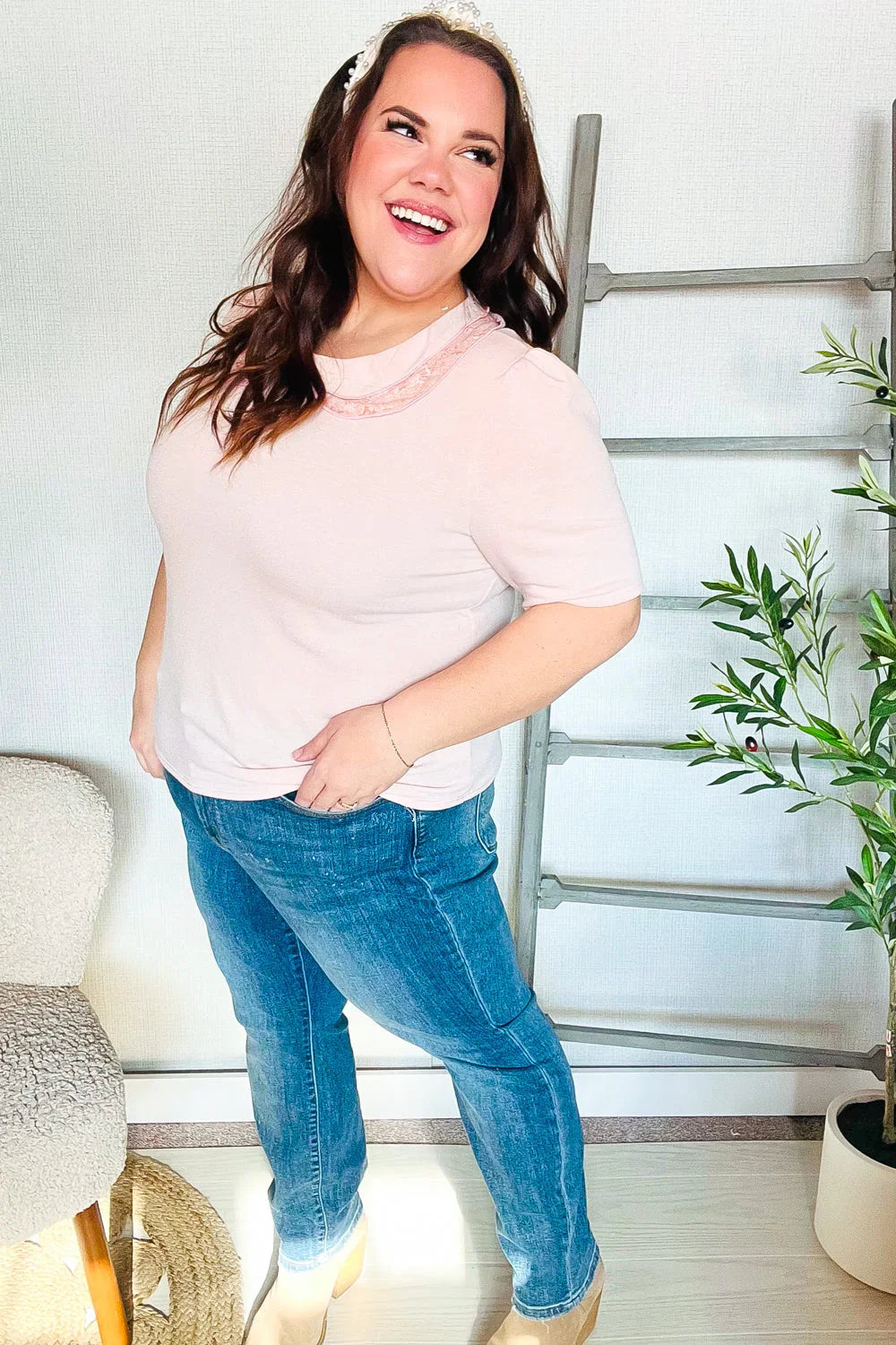 New Day Blush Flat Collar Floral French Terry Blouse | Daverri Fashions