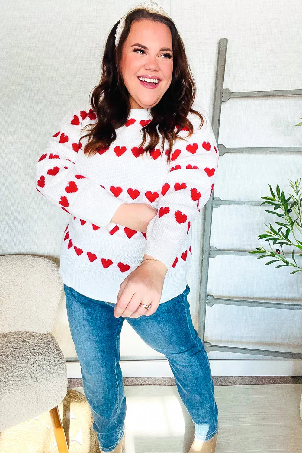 Be Mine White Jacquard Heart Stripe Pullover Sweater | Daverri Fashions