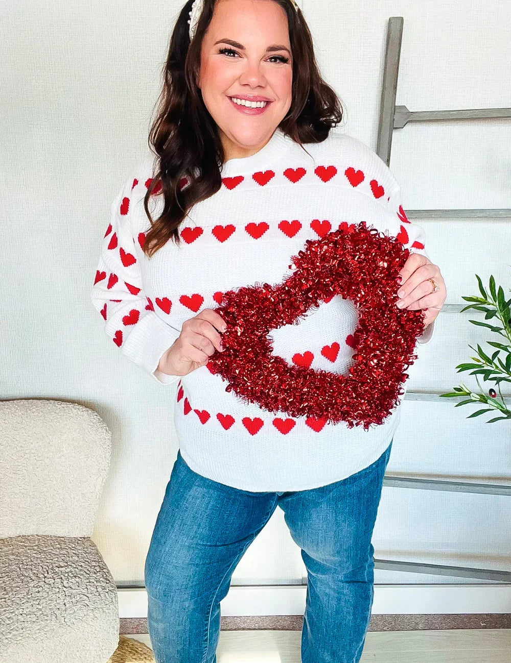 Be Mine White Jacquard Heart Stripe Pullover Sweater | Daverri Fashions