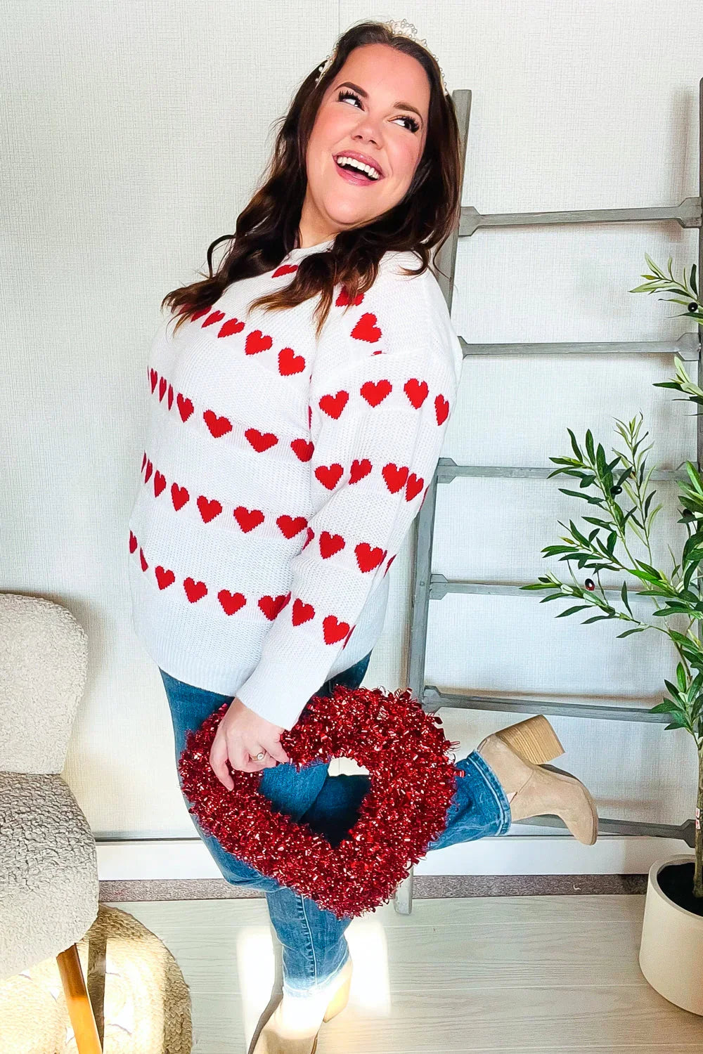 Be Mine White Jacquard Heart Stripe Pullover Sweater | Daverri Fashions